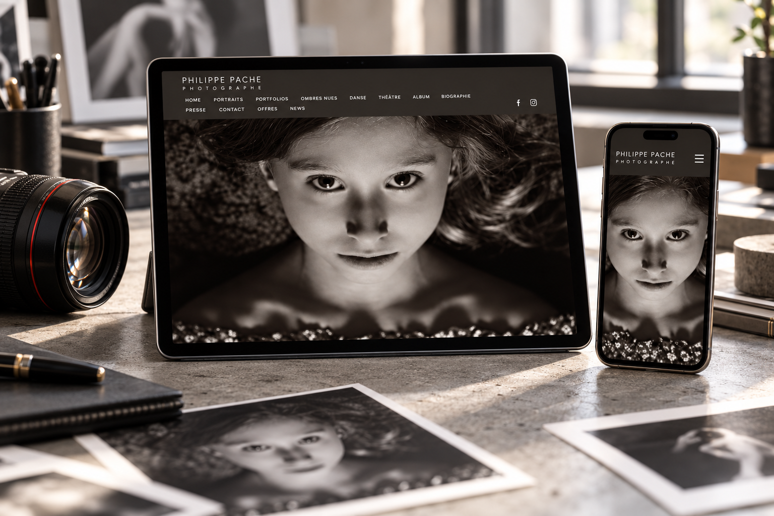 Portrait en noir et blanc du portfolio de Philippe Pache sur tablette et smartphone