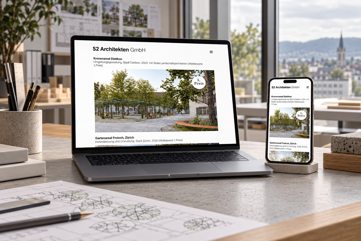 Portfolio de S2 Architekten présenté sur ordinateur et smartphone